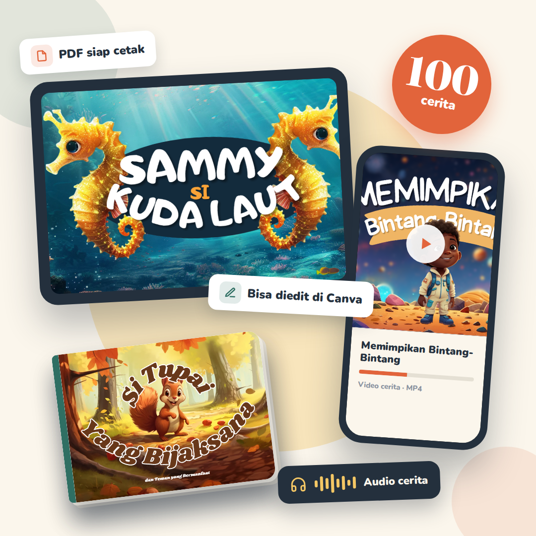 Paket 100 Storybook Anak: PDF siap cetak, file Canva, video MP4, dan audio cerita